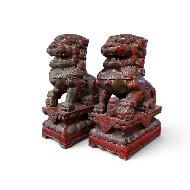 Wood Pair of Carved Wood Chinese Foo Lions, 10" Tall, 20th Century For Sale - Image 7 of 12