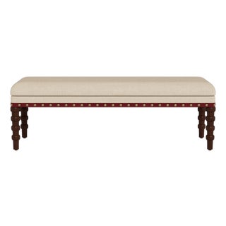 Bunny Williams Home Red Tape Bench in Sand Performance Linen with Antique Brass Nailheads and Alpine Legs For Sale