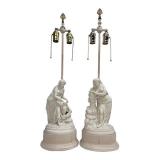 Vintage French NeoClassical Parian Porcelain Figural Electric Table Lamps - Pair For Sale