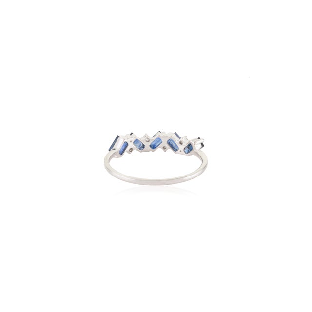 Metal Baguette Blue Sapphire & Diamond Geometric Half Eternity Band Size 5 in 14k Gold For Sale - Image 7 of 13