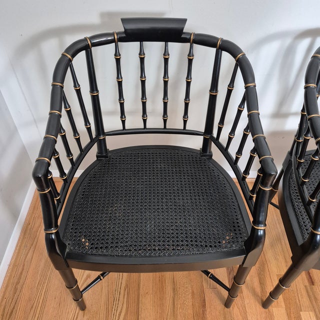 Baker Furniture Company Late 20th Century Baker Furniture Attrib. Black & Gold Regency Faux Bamboo Cane Seat Arm Chairs, a Pair For Sale - Image 4 of 11
