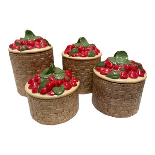 Vote Rage 1970s Strawberry Basket Ceramic Canisters, Set of Four For Sale