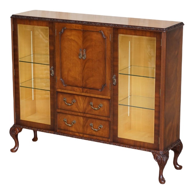 Vintage Flamed Mahogany & Satinwood Sideboard Display Cabinet, 1940s For Sale