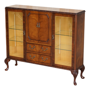 Vintage Flamed Mahogany & Satinwood Sideboard Display Cabinet, 1940s