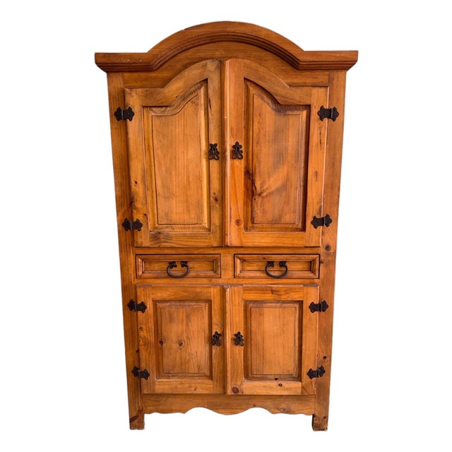 1980s Rustic Solid Pine Storage Armoire With Wrought Iron Accents, Mexico For Sale