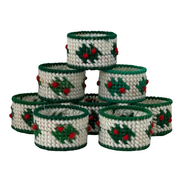 Holiday Christmas Needlepointed Napkin Rings- Set of 8 Red Green White Vintage For Sale
