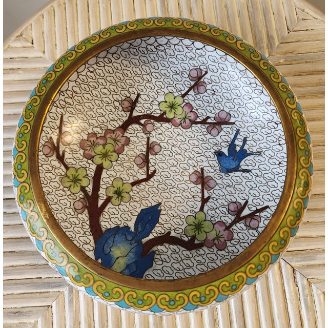 Vintage Chinese Cloisonne Enamel Bowl With Bluebird and Cherry Blossoms For Sale - Image 9 of 9