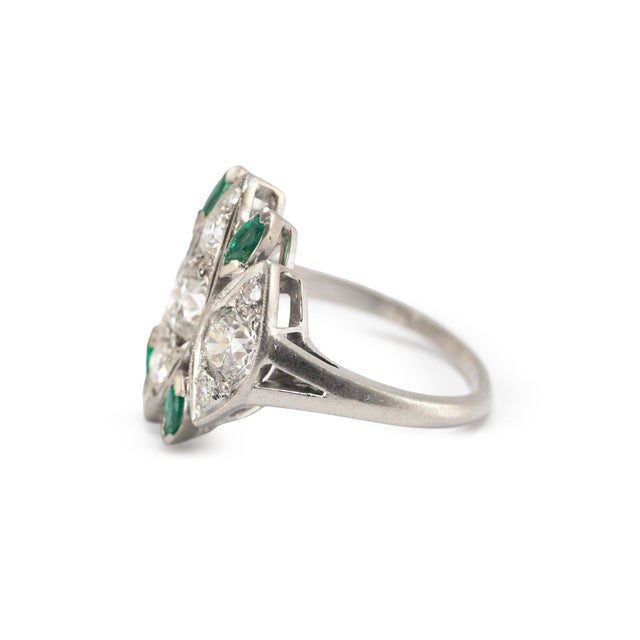 Modern Antique Art Deco Platinum CTW Old Cut Diamond & Emerald Dinner Cocktail Ring, Size 8 For Sale - Image 3 of 9