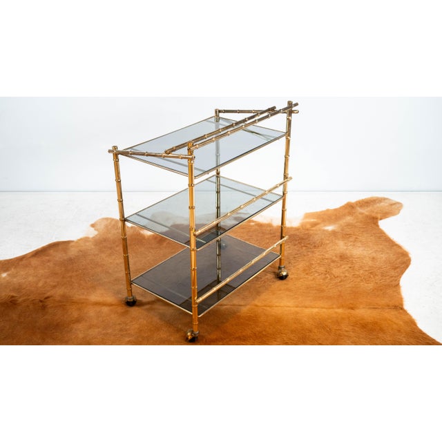 Vintage Mid Century Brass & Smoked Glass Bar Cart, C. 1970s For Sale - Image 15 of 17