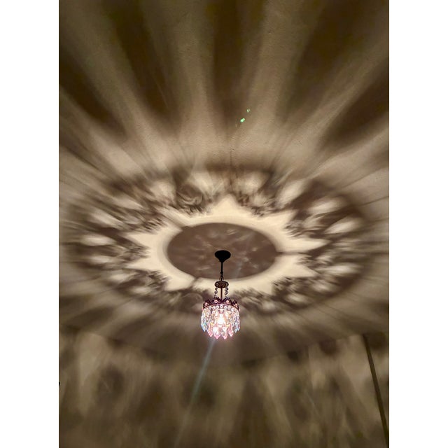 Vintage Brass Crown Chandelier With Hand-Painted Pink and Ice Blue Crystal Prisms For Sale - Image 13 of 17