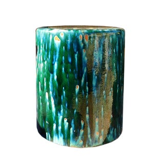 Chinese Handmade Ceramic Green Glaze Round Stool For Sale