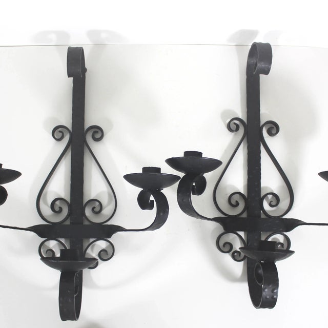Spanish Revival Vintage Spanish Hammered Wrought Iron Candle Sconces- A Pair For Sale - Image 3 of 10