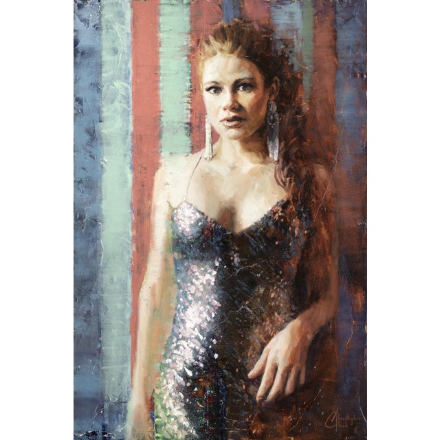 The artwork presents a striking figure adorned in a shimmering dress, exuding confidence and grace against a backdrop of...