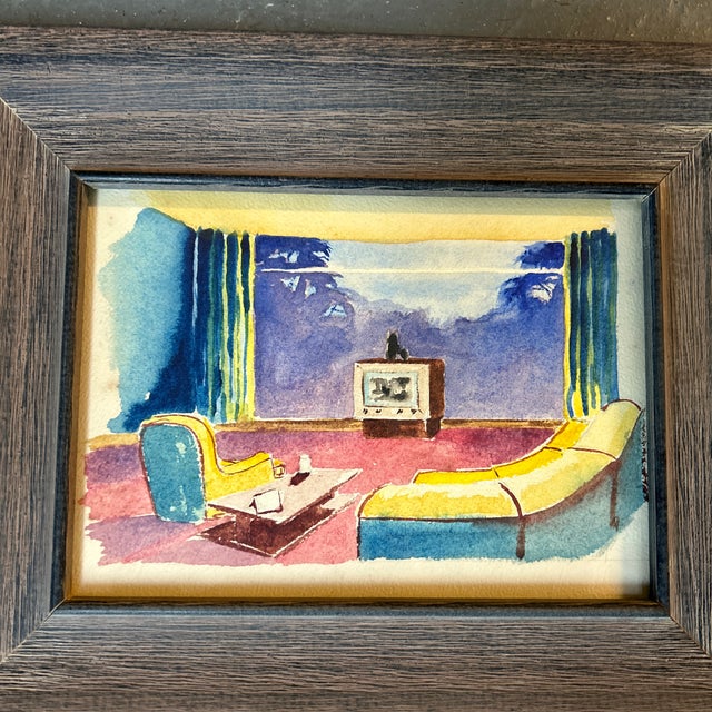 1950’s original modernist colorful interior watercolor painting. Measures 7x5 or 11x9 framed. Check out my shop Robins Egg...