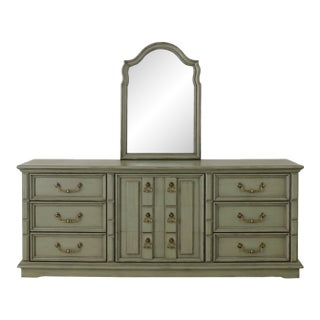 Vintage 70” Solid Wood Dresser & Mirror – Old Chapel Sagewood™ Finish – Olive Sage Green Designer Refinished Bedroom Piece For Sale