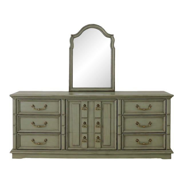 Vintage 70” Solid Wood Dresser & Mirror – Old Chapel Sagewood™ Finish – Olive Sage Green Designer Refinished Bedroom Piece For Sale
