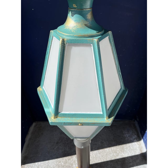 Gothic Architectural Post Lantern in Tiffany Blue Gilt Faux Verdigris Finish For Sale - Image 10 of 13