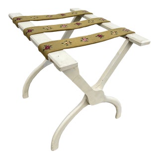 Mid 20th Century Vintage Folding Wood and 3 Hand Embroidered Floral Needlepoint Straps With Hammered Brass Nailhead Trim Luggage Rack or Stand For Sale