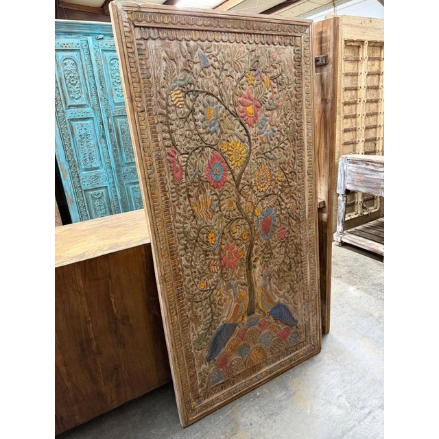 Wood Hand-Carved Tree of Life Peacock Floral Wall Panel Relief Art Décor For Sale - Image 7 of 9