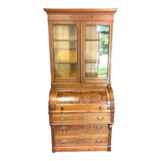 Antique Victorian Cylinder Roll Secretary W/ Bookcase For Sale