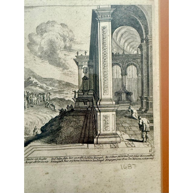 17th Century Rare Original 1687 Biblical Scene Copper Plate Engraving With Classical Architecture For Sale - Image 5 of 9