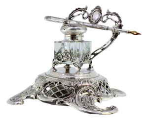 Cut Silver and Glass Inkwell with Pen Holder, Monogram Plaque and Raised Feet
