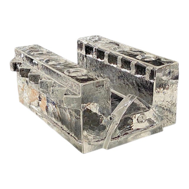 1980s Hand-Carved Modernist Heavy Glass Candle Holder For Sale