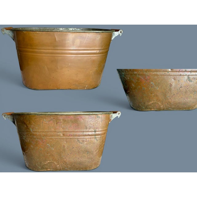Wood Antique Copper Boiler Wash Tub-Wood Handles-Primitive Farmhouse-Bin-Planter For Sale - Image 7 of 11