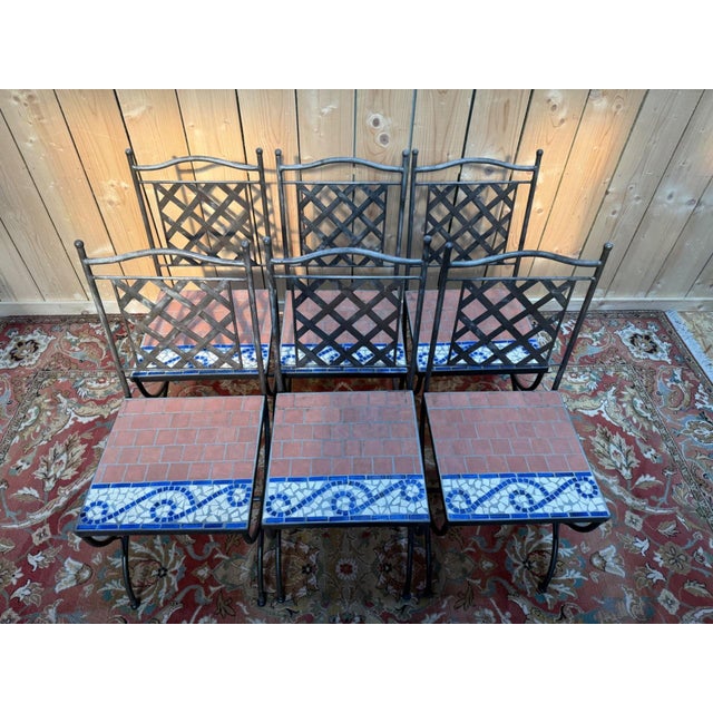 Mediterranean Style Wrought Iron and Cement Mosaic Garden Chairs, 1980s, Set of 6 For Sale - Image 3 of 11