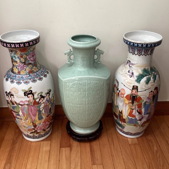 Antique Big & Heavy Celadon Glazed Crackle Porcelain Double Ear Vase Marked With Stand For Sale - Image 11 of 12