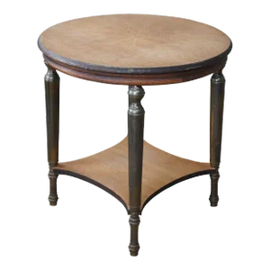 Mid Century French Empire Style Oak & Brass Round Gueridon Side End Table