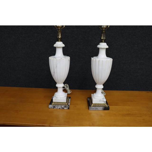 Italian Pair of Italian Carved Marble Table Lamps With Brass Accents For Sale - Image 3 of 8