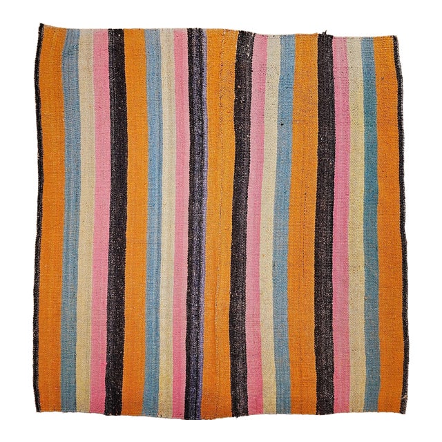 Vintage Turkish Sofreh Kilim, Flat-Woven Wool, Stripe Pattern, Yellow & Green, 5x5 For Sale
