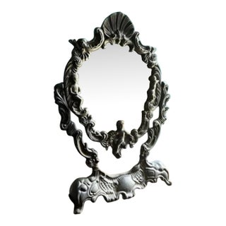 Vintage Ornate Silver Plated Cherubs Angel Tabletop Mirror For Sale