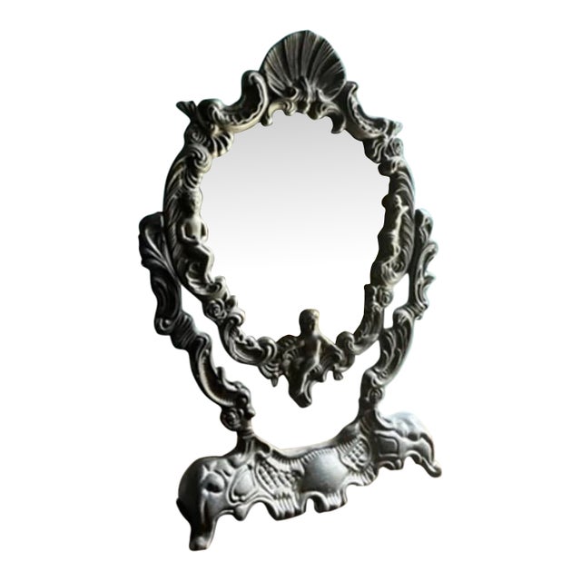 Vintage Ornate Silver Plated Cherubs Angel Tabletop Mirror For Sale