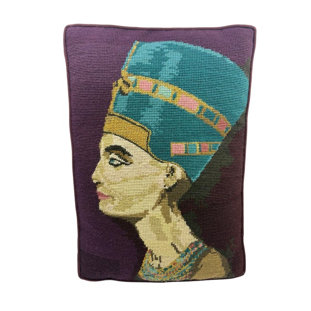 Vintage Nefertiti Eyptian Needlepoint Pillow For Sale - Image 4 of 9