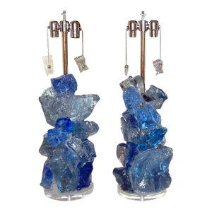 Tumbled Glass Rock Candy Table Lamps in Blue and Clear Ice - a Pair