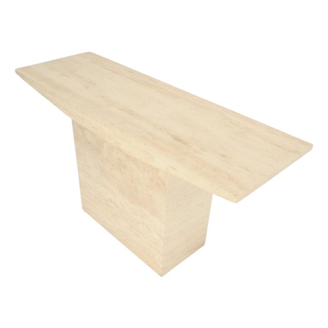 Italian Mid Century Modern Single Pedestal Travertine Console Sofa Table MINT For Sale