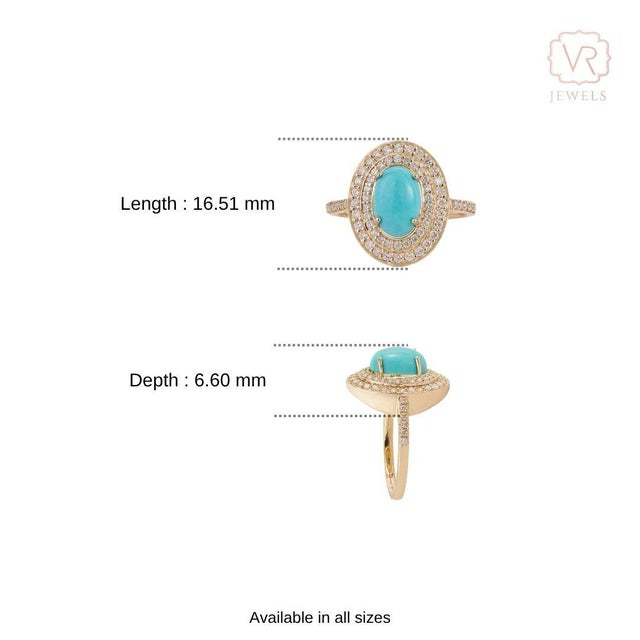 1.43ct Oval Turquoise Cabochon Double Halo Diamond 14k Gold Contemporary Ring Size 5 For Sale - Image 12 of 17