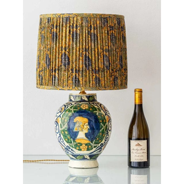 Antique Italian table lamp crafted from a late 19th-century Renaissance Revival ceramic vase, hand-painted in the Deruta-...