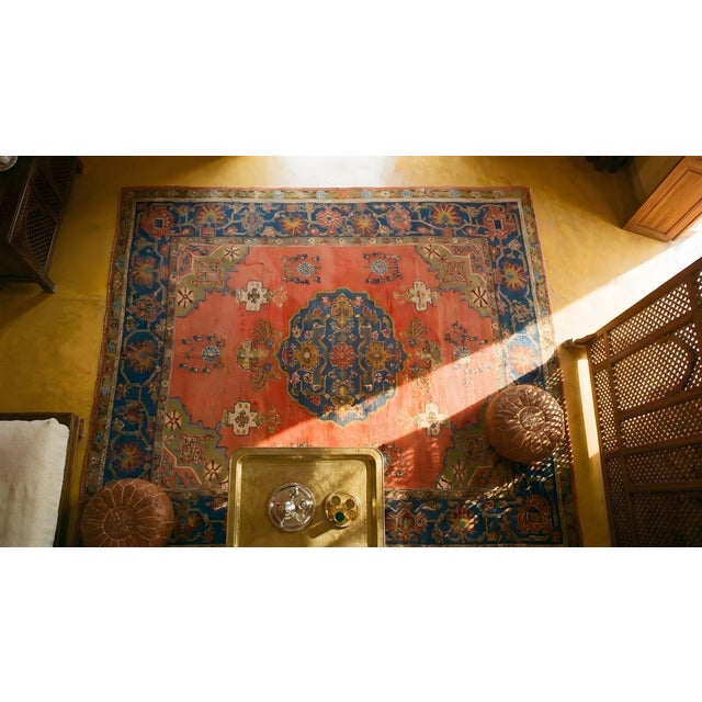 Decorative Turkish Antique Oushak Rug on a Red-Raspberry Background Color With Medallion Pattern For Sale - Image 14 of 15