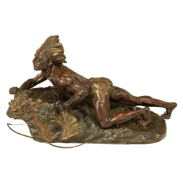 Antique French Art Deco Bronze Sculpture Native American Indian Hunter Scout by René-André Varnier, Circa 1920 For Sale - Image 14 of 18