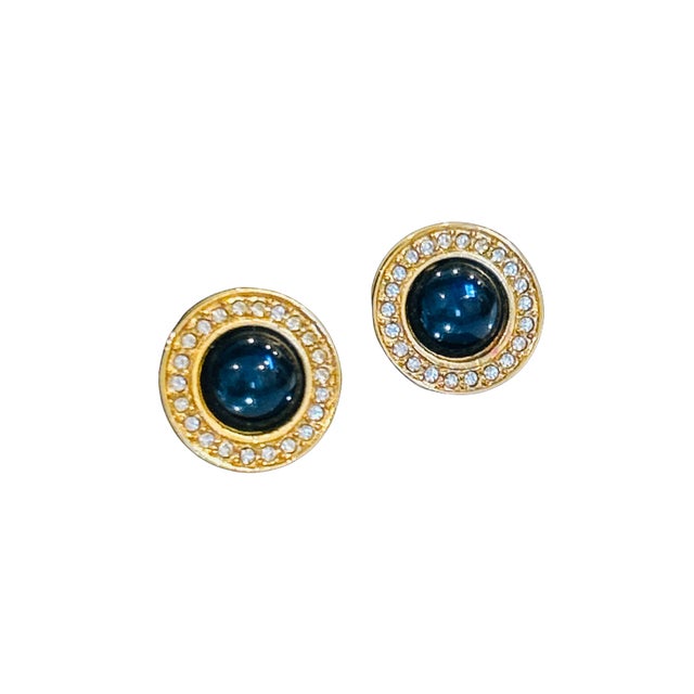Vintage Monet Gold-Tone Earrings With Blue Cabochon and Rhinestone Accents, A Pair For Sale - Image 9 of 9