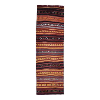 1960 Vintage Anatolian Flatweave Kilim Runner - Handwoven Striped Rug With Geometric Tribal Motifs - Red Yellow Black Accent Rug For Sale
