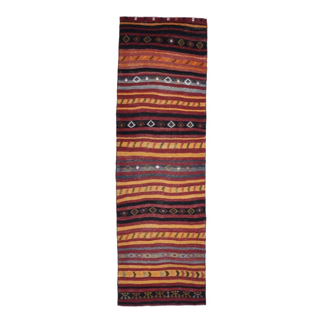 1960 Vintage Anatolian Flatweave Kilim Runner - Handwoven Striped Rug With Geometric Tribal Motifs - Red Yellow Black Accent Rug For Sale