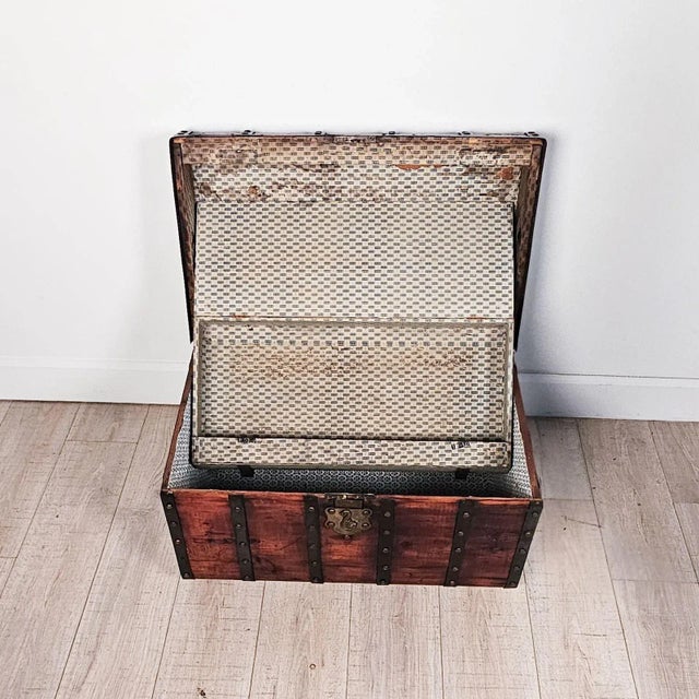 Brown Steamer Trunk in Pine With Metal Straps, Circa 1900 For Sale - Image 8 of 10
