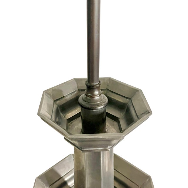 Pair Vintage Mid-Century Modern Pewter Candlestick Lamps With Chinoiserie Bases For Sale - Image 15 of 18