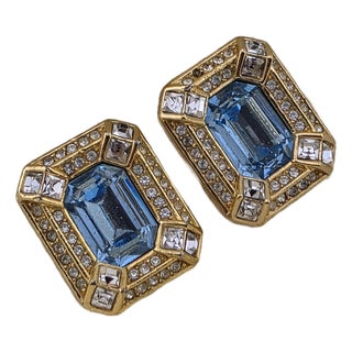 Vintage Christian Dior Blue Crystal Rhinestone Gold Tone Clip on Earrings Signed, A Pair For Sale