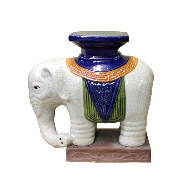 Ceramic Pair Ceramic Chinese Off White Oriental Elephant Pedestal Figures For Sale - Image 7 of 10