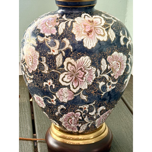 Hollywood Regency Frederick Cooper Vintage Dark Blue Floral Lamp For Sale - Image 3 of 10